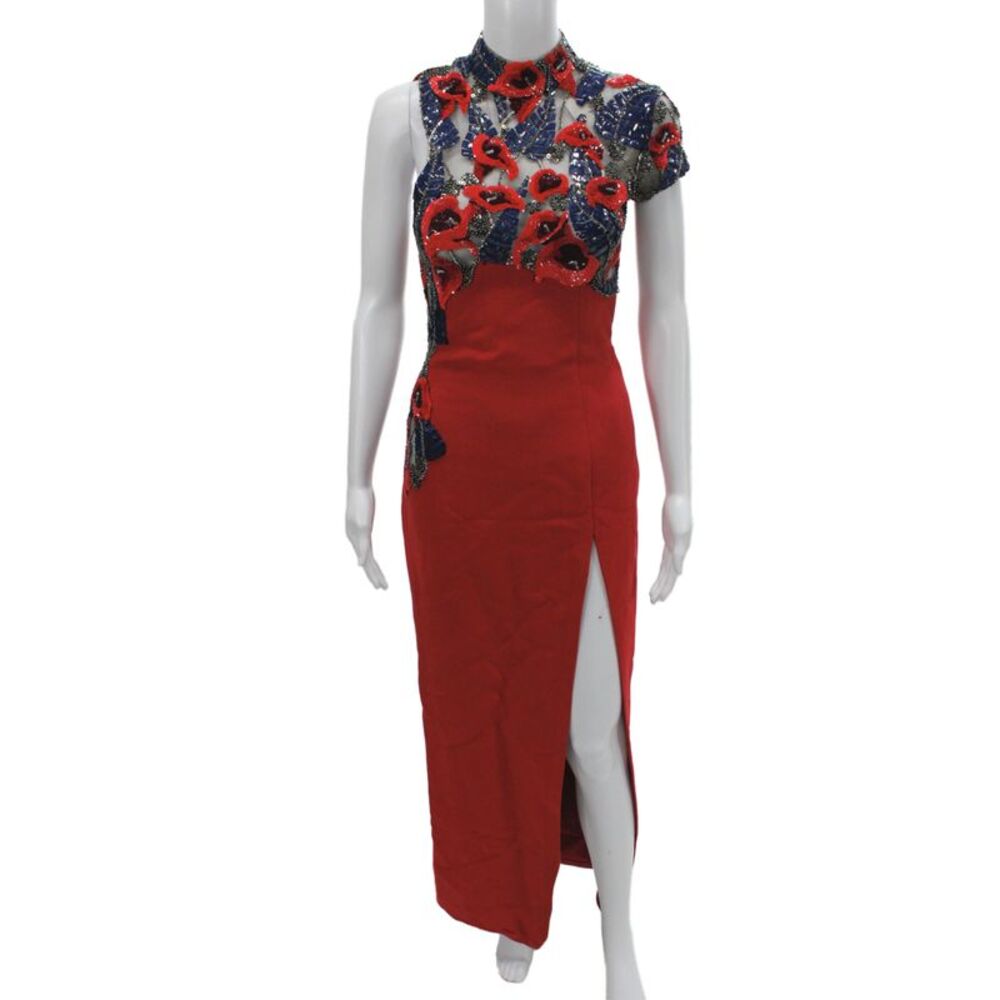 J. Mendel Women Sheath Midi Red Tulle Floral High Neck Short Sleeve Zip Size 4